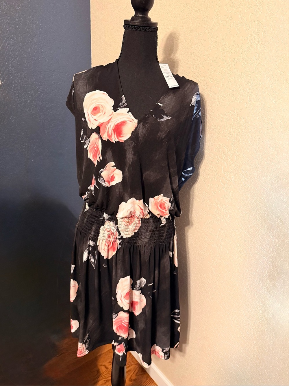 White House Black Market Black Midi Dress with Pink Floral Print